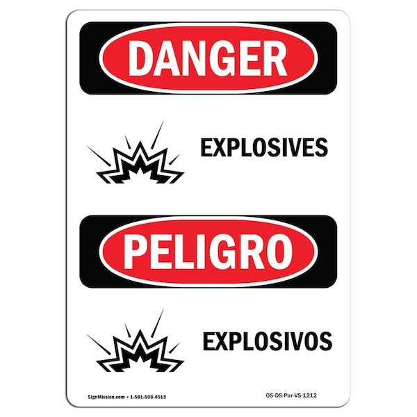 Safety Sign, OSHA Danger, 5" Height, Explosives, Bilingual Spanish, 10PK